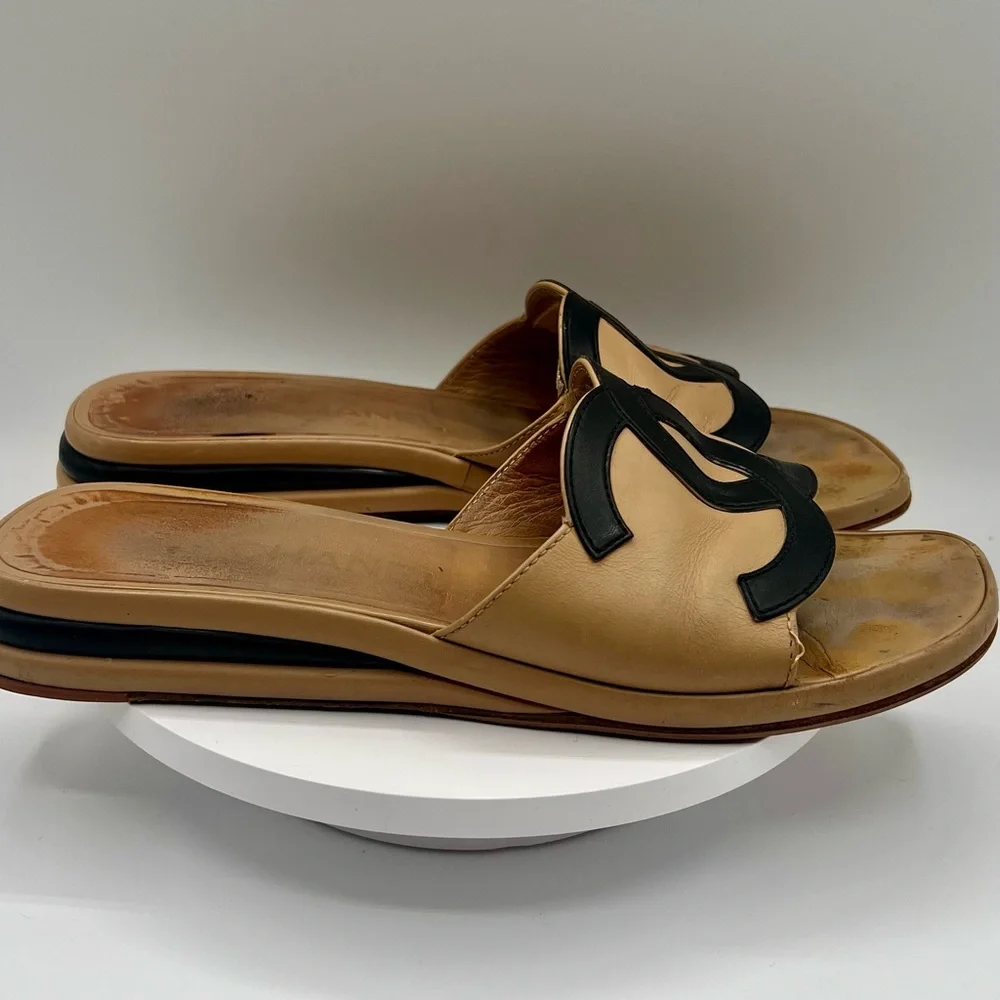 Sold! CHANEL Beige and Black Women's Sandals - Picture 6 of 8